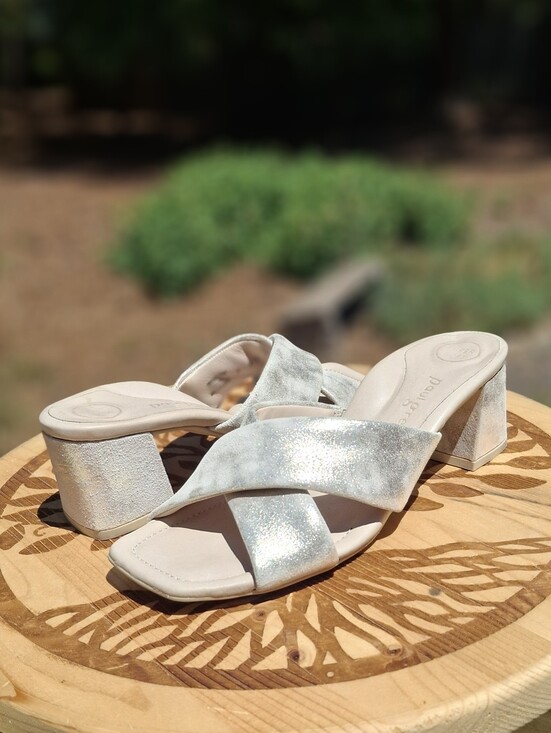 Paul Green Shoes - Paul Green Lauren Slide Square Toe Block Heel Sandal In Mineral Metallic
